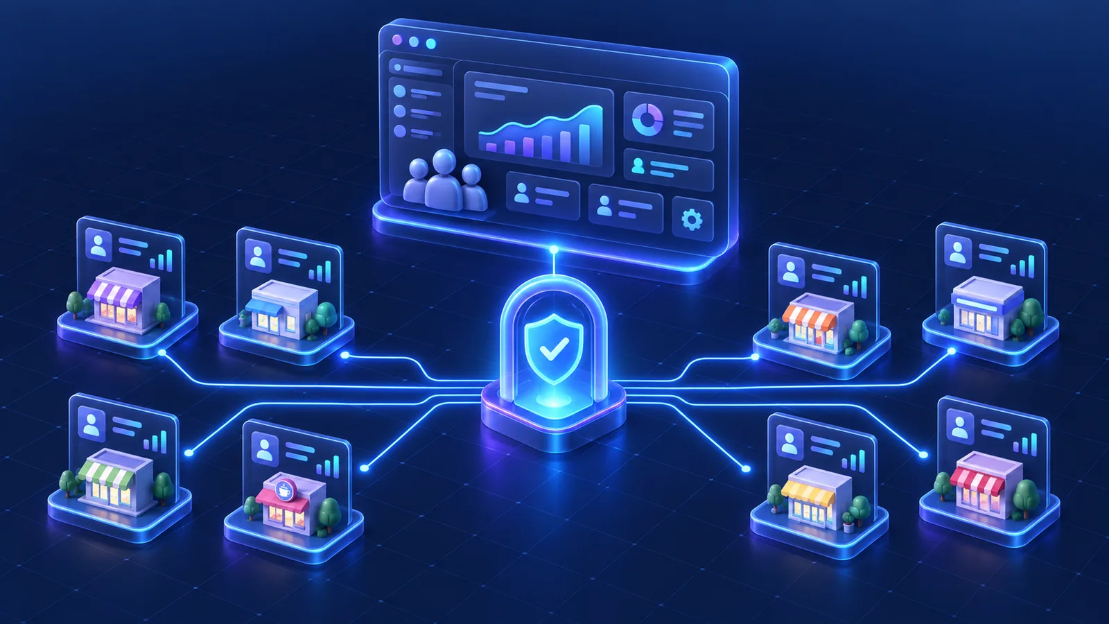 One agency hub panel branching through a validation gate to many client business panels, each with its own CRM destination