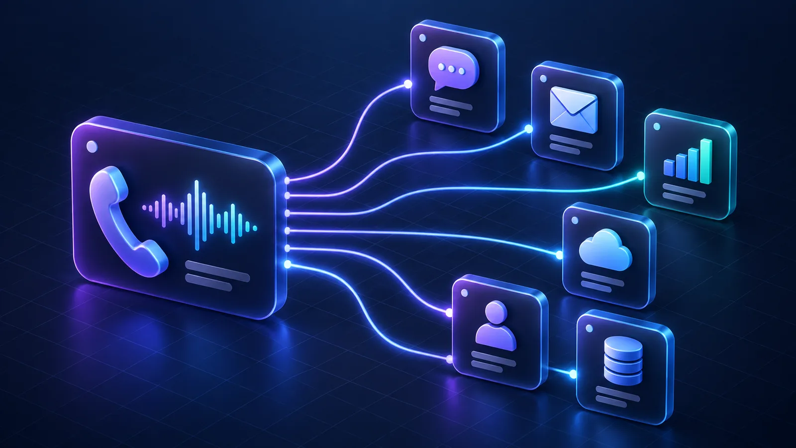 A call tracking panel beside six branching routing paths, each leading to a different lead platform panel