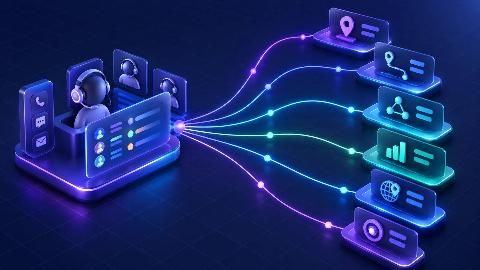A contact center console panel beside six branching paths leading to tracking, distribution, and routing platform panels