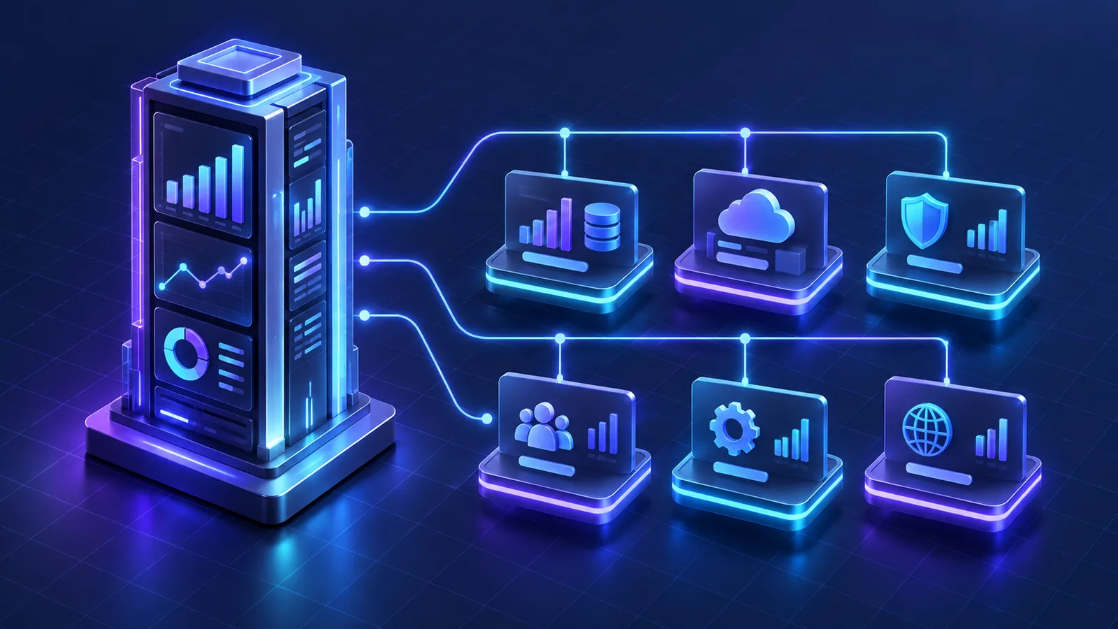 A tall enterprise analytics tower beside six smaller modular platform panels connected by light paths