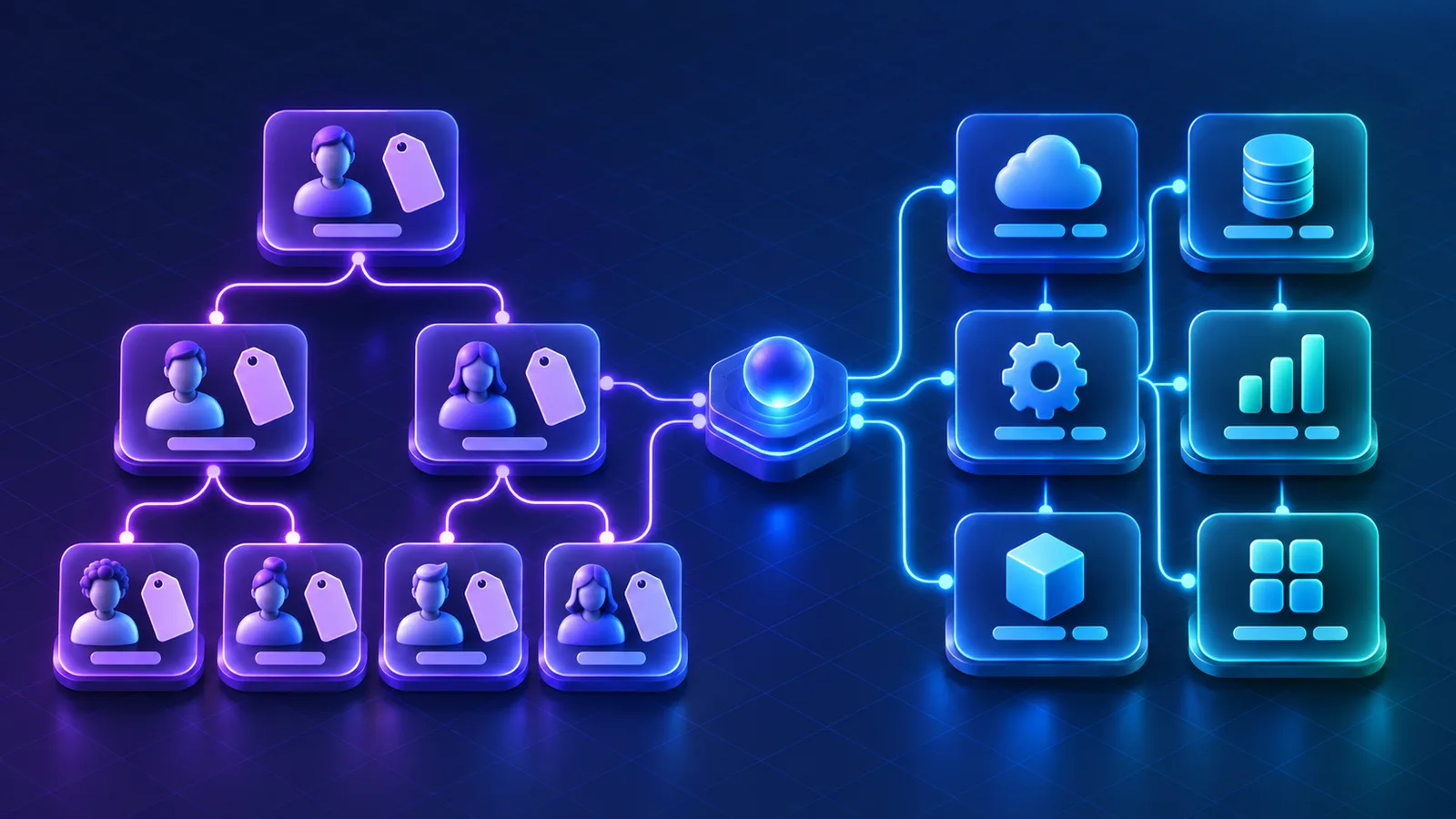 A branching ping tree network of buyer nodes beside six alternative platform panels