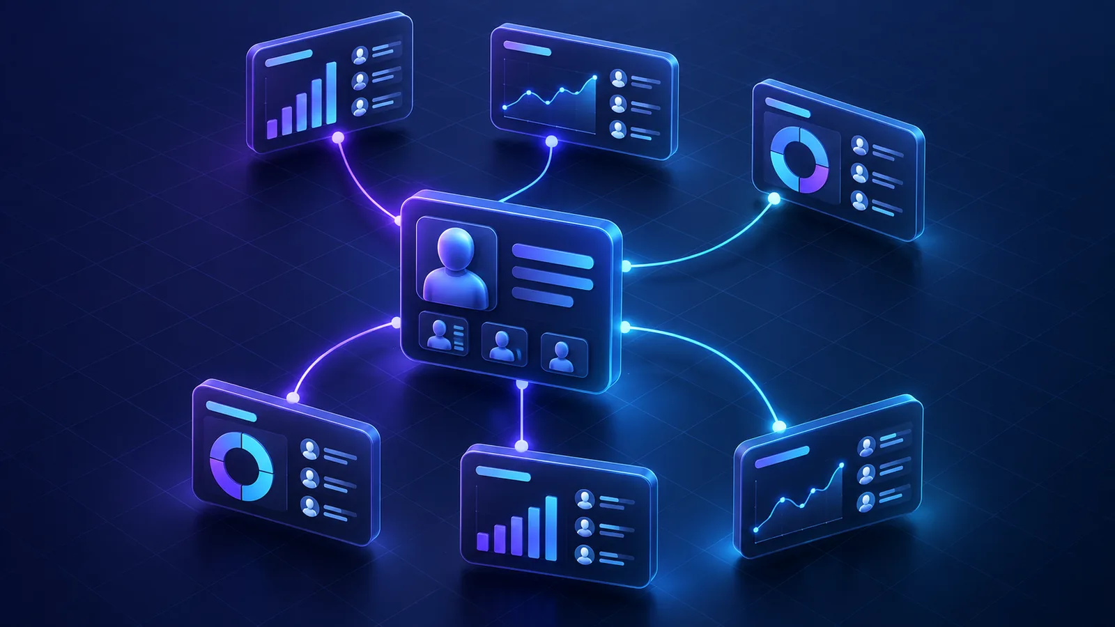 A lead profile panel beside six branching paths leading to reporting and routing platform panels