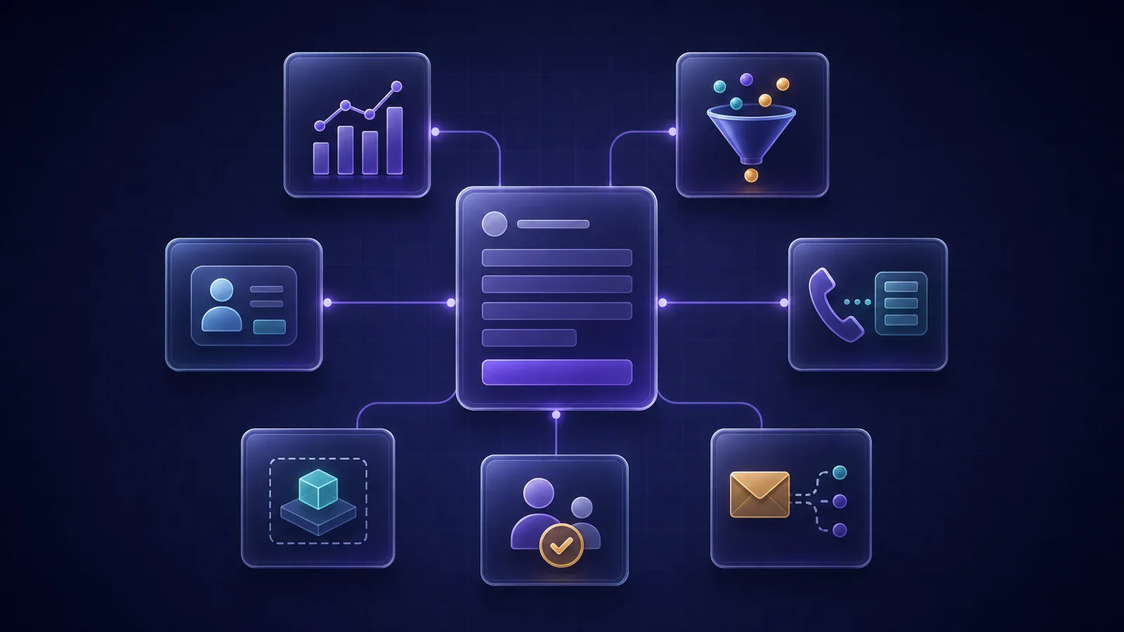 One website form connected to seven equal capability cards for analytics, attribution, CRM, calls, qualification and Delivery