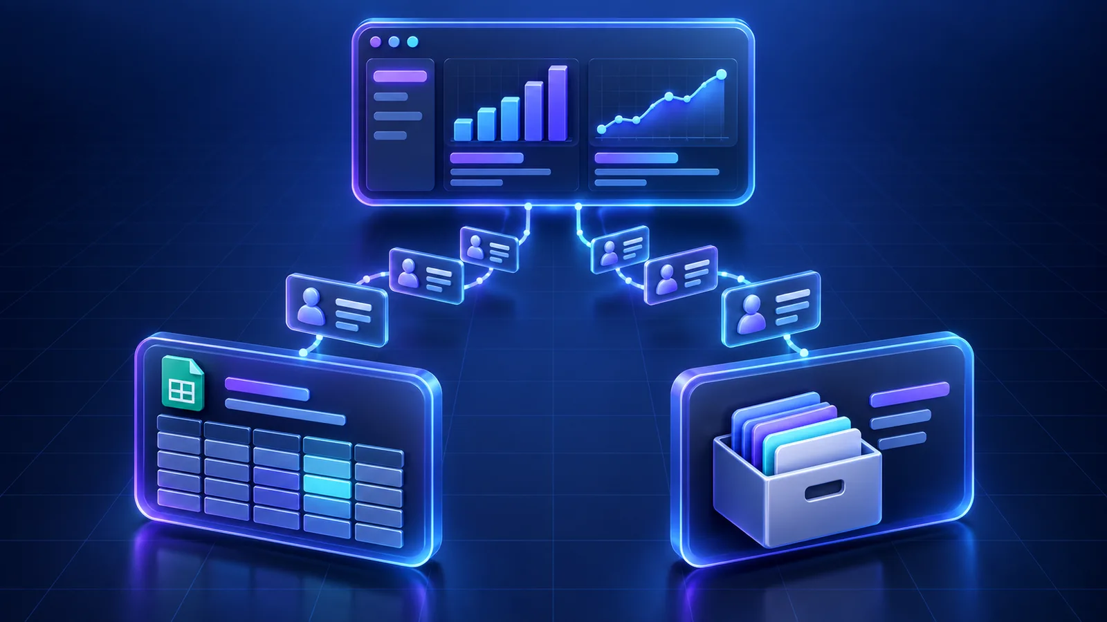 Unified lead profile cards flowing out of a reporting platform panel into labeled spreadsheet and archive modules