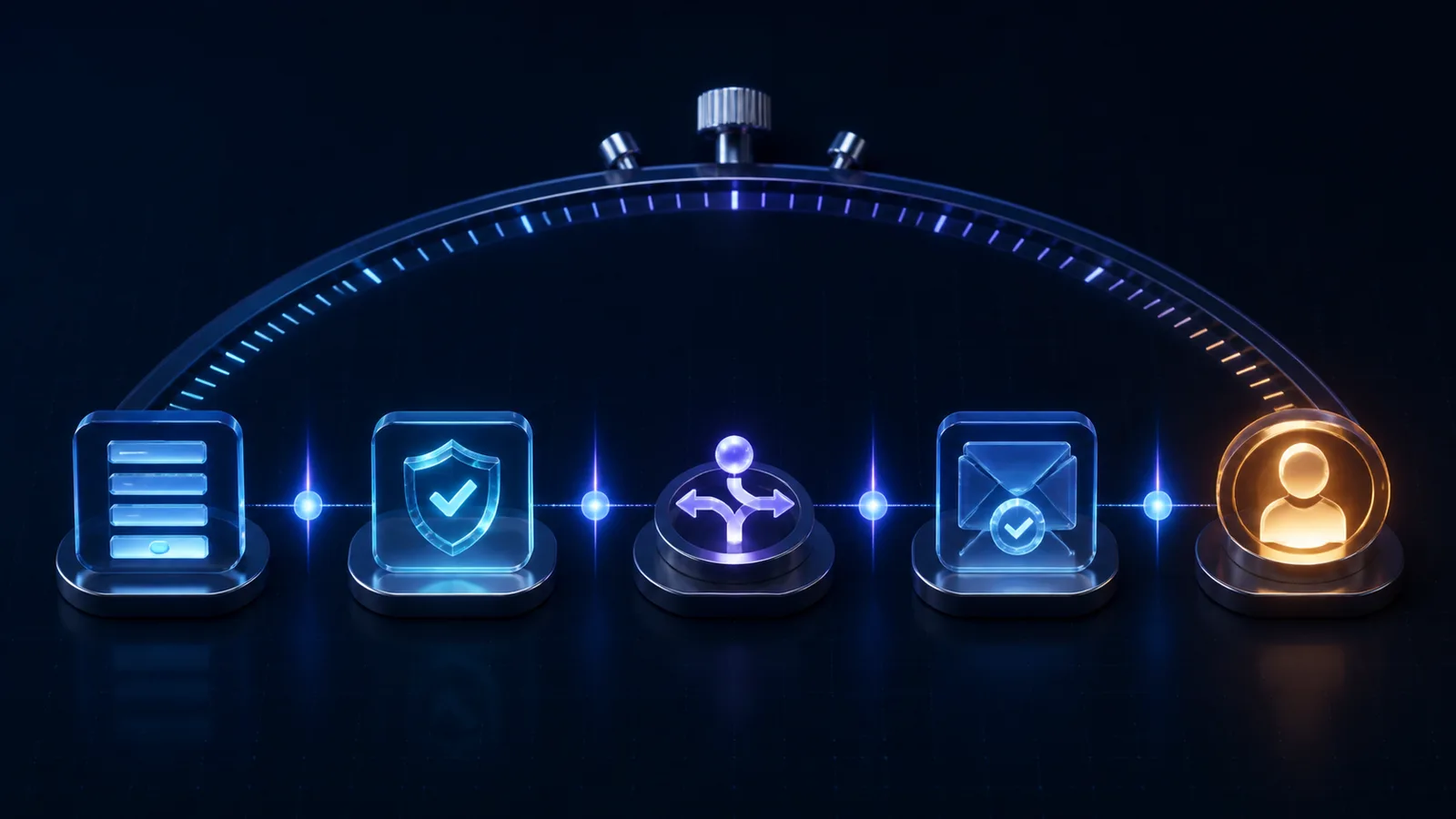 Five lead handoff milestones connected by timing markers beneath a single stopwatch arc
