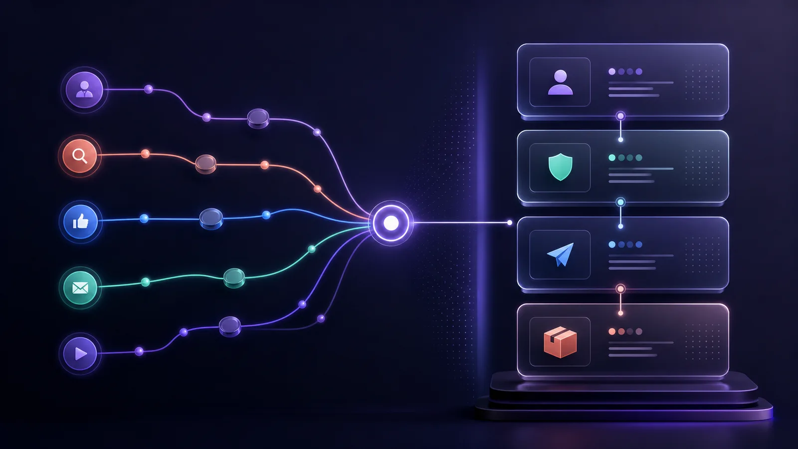 Marketing channel paths converging on a conversion beside a separate Lead validation and Delivery ledger