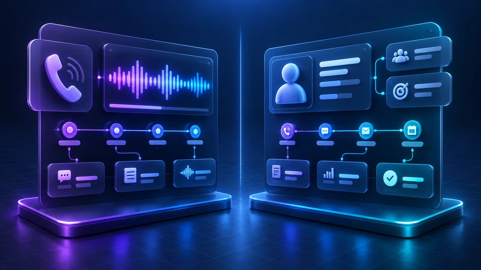 Two facing platform panels: a session-based call waveform timeline on the left, a unified lead profile card with journey markers on the right