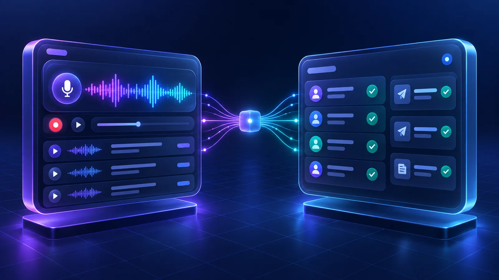 Two facing panels: a call waveform console with recordings on the left, a lead ledger with validation checks and delivery receipts on the right