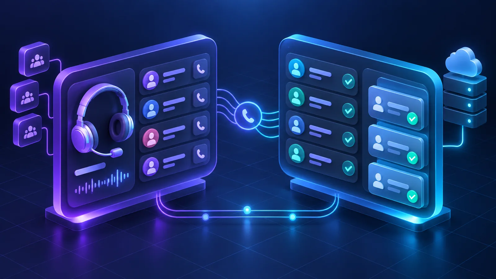 Two facing panels: an agent headset console with queues on the left, a lead ledger with validation checks and CRM delivery receipts on the right