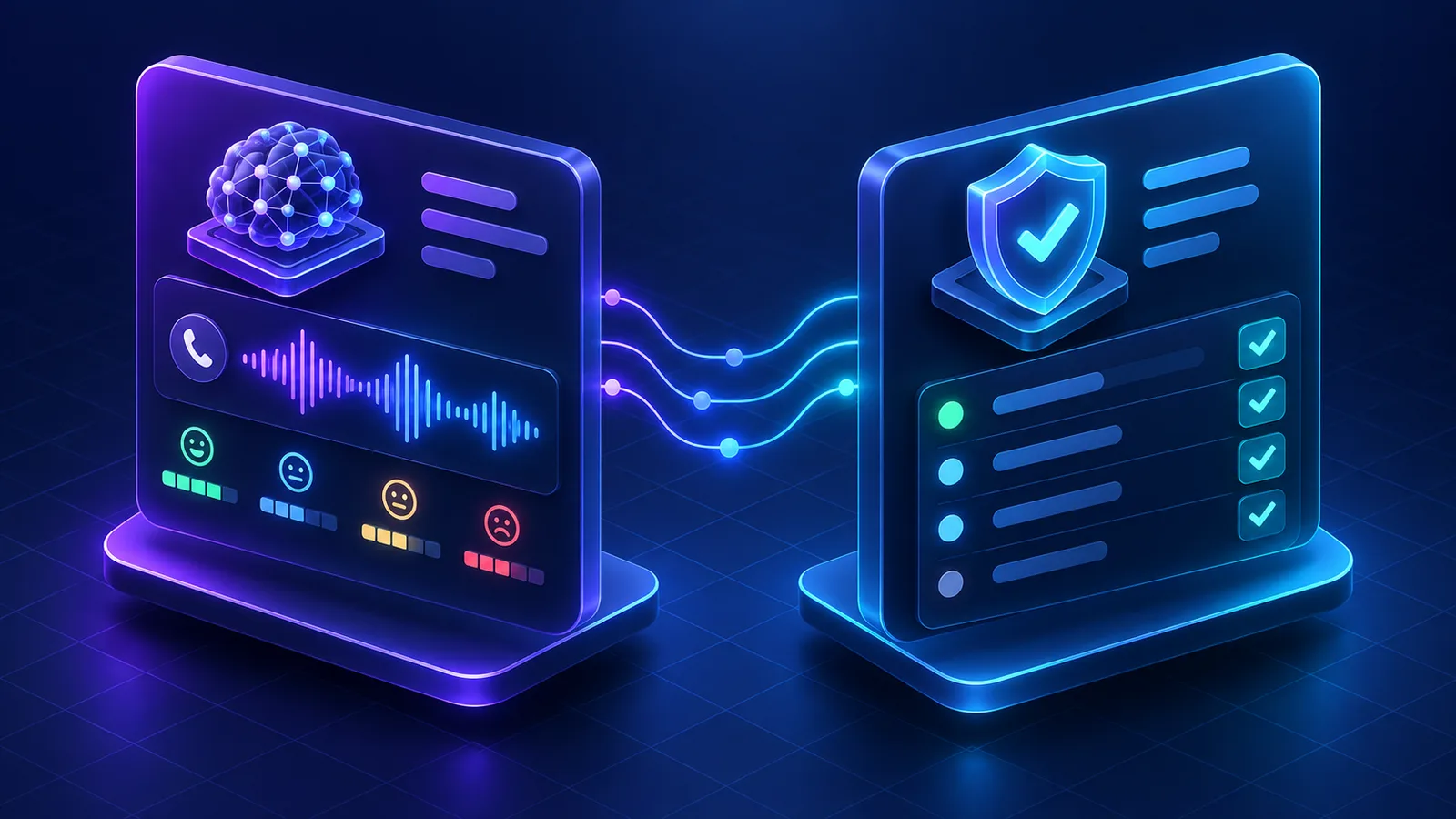 Two facing panels: an enterprise AI listening layer over a call waveform on the left, a compact validation gate and delivery ledger on the right