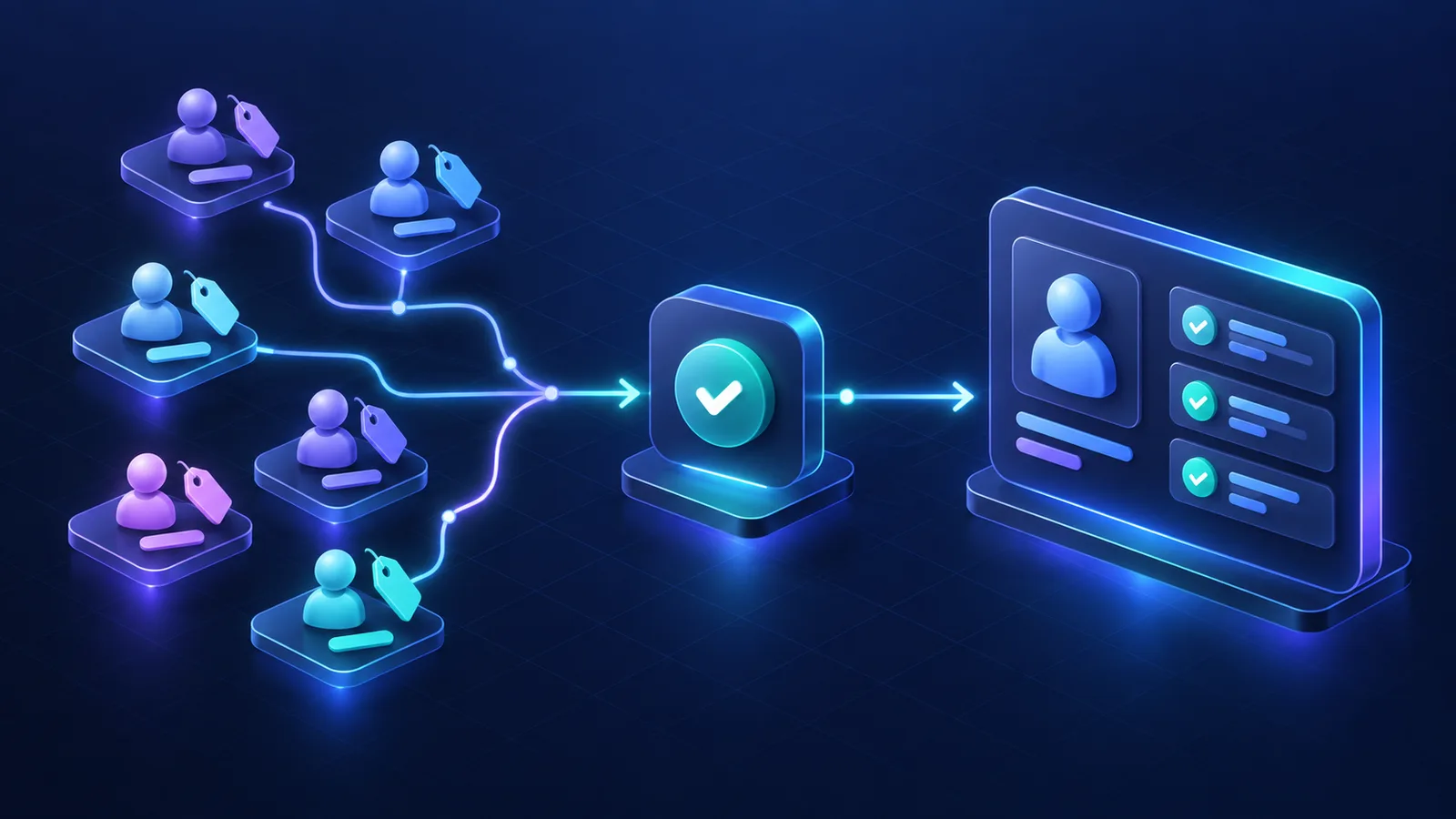 Two facing panels: a branching ping tree of buyer nodes with price tags on the left, a validation gate feeding one business CRM with delivery receipts on the right