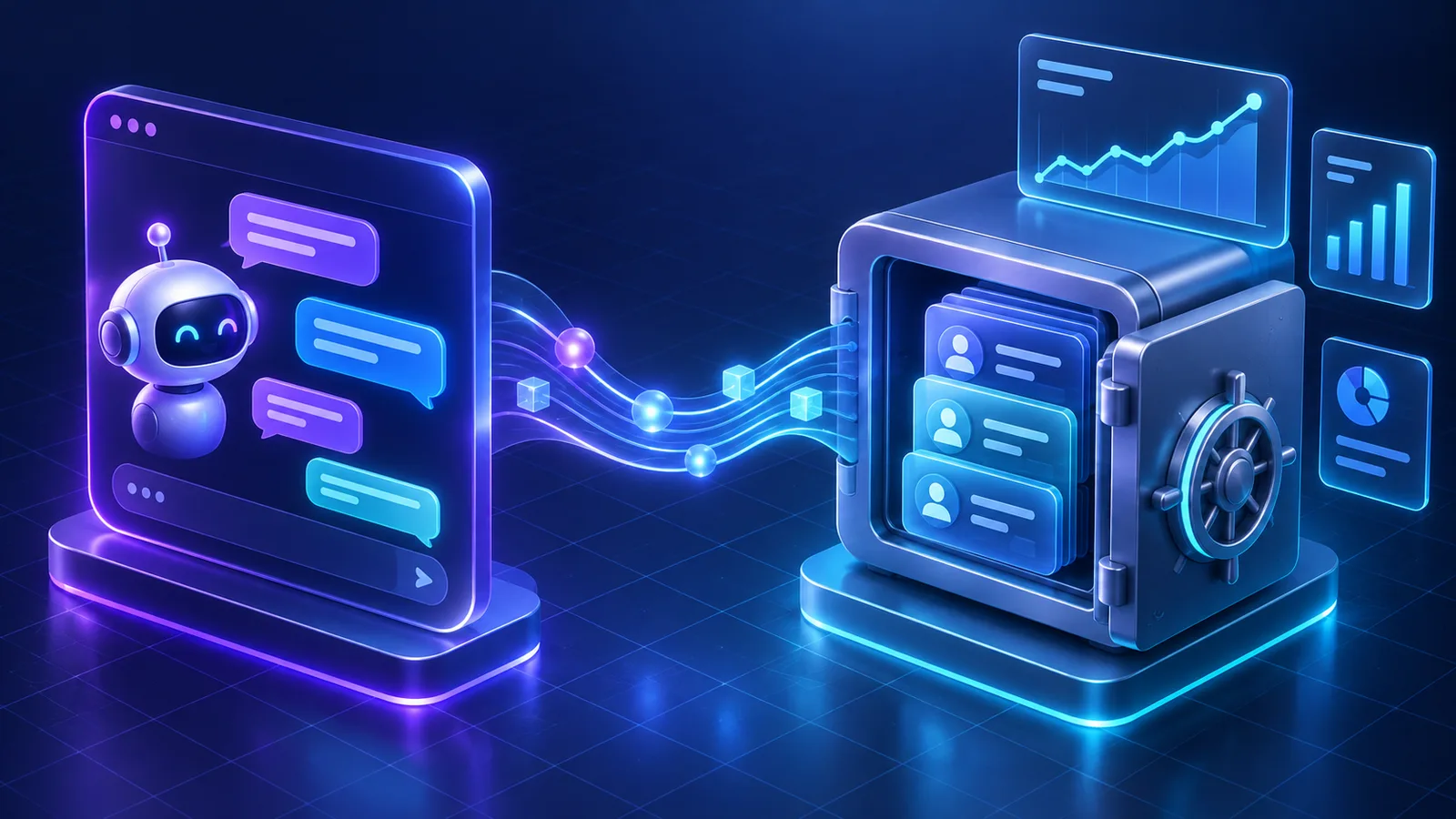An AI chat client panel connected by a glowing bridge to a vault of lead records and analytics dashboards