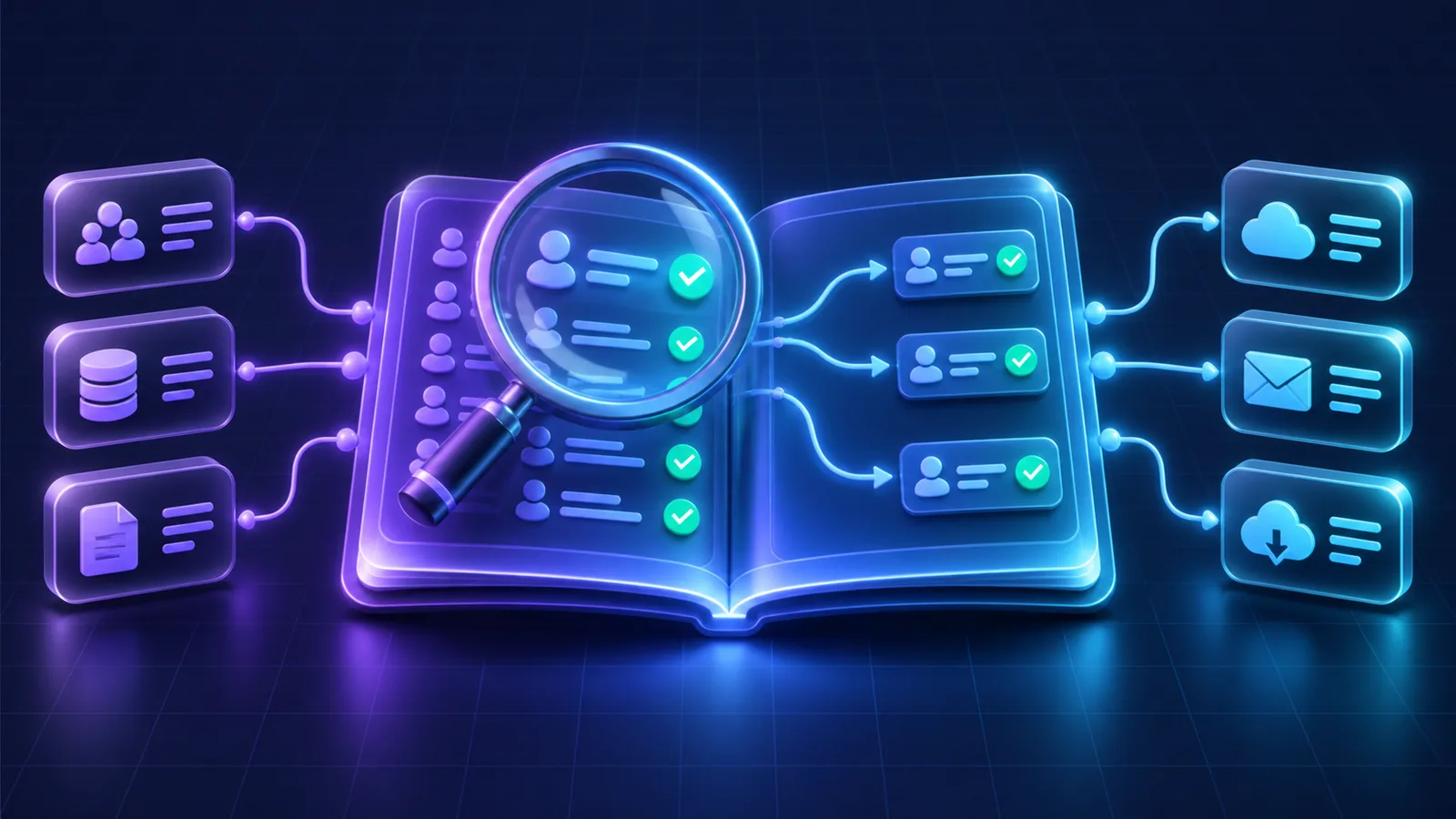 A magnifying lens hovering over an open lead ledger with validation checks, routing paths, and delivery receipts